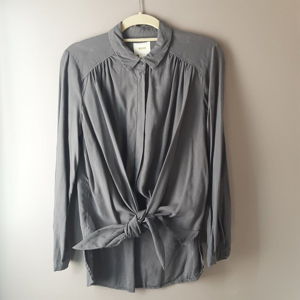 Maeve Grey Tie-Front Long-Sleeve Blouse Collar Size Medium